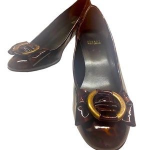 Stuart Weitzman low wedge front bow size 8.5 women’s slip on patent tortoise